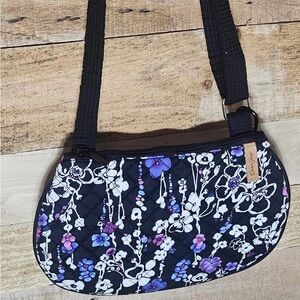 Donna Sharp Black Quilted Shoulder Bag with White and Purple Floral Print